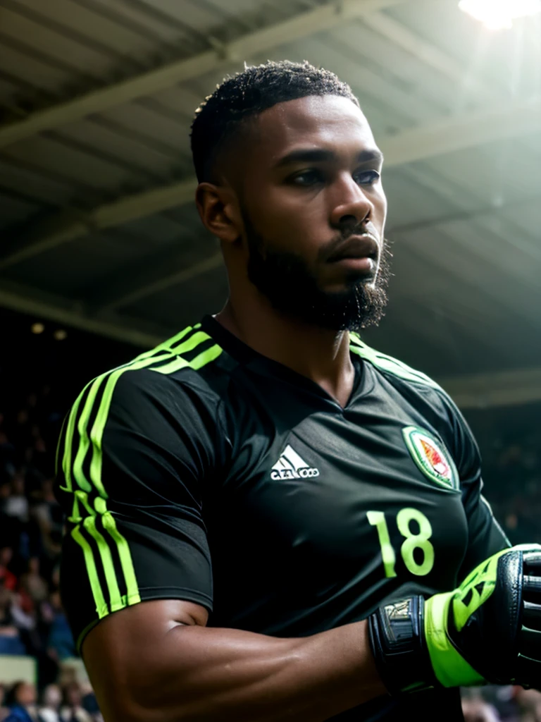 Senegal soccer goalkeeper. Goalkeeper gloves. 24 years old. Black hair. Buzz cut. Short hair. Strong chin. Black skin. Ducktail beard. Dramatic light. Torso photo. Male. Black jersey. Masterpiece, best quality, 4k, very detailed. Male. Making a save. Fantastic save