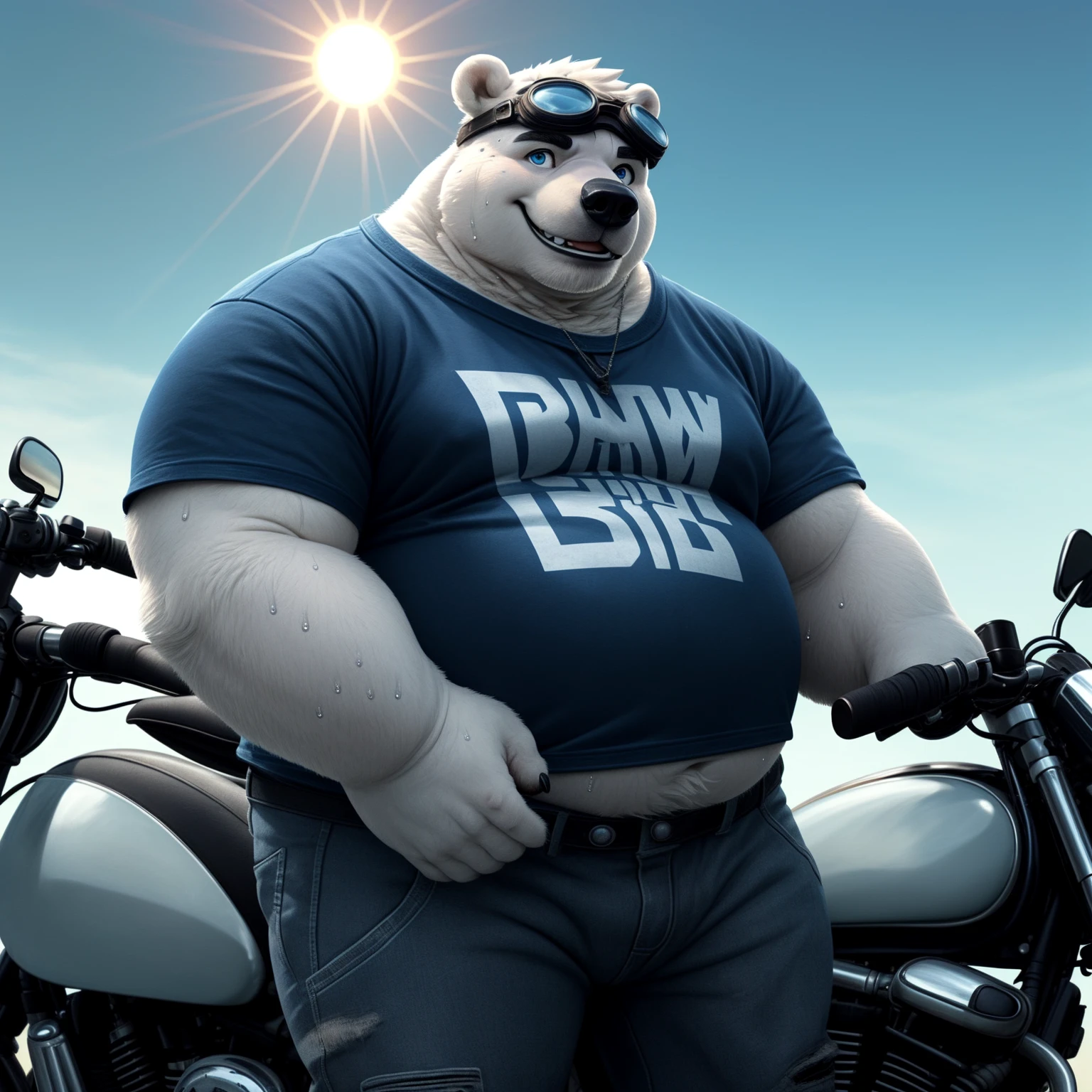 New Jersey 5 Furry,Polar Bear,portrait,standing solo,Beautifully, Chubby,fat,Thick arms,Strong muscles,White plush fur,Chubby脸,Black eyebrows,Sky blue eyes,beard,under the sun,motorcycle,Goggles are worn on the forehead,punk,t-shirt,Pants,sweat,Smile