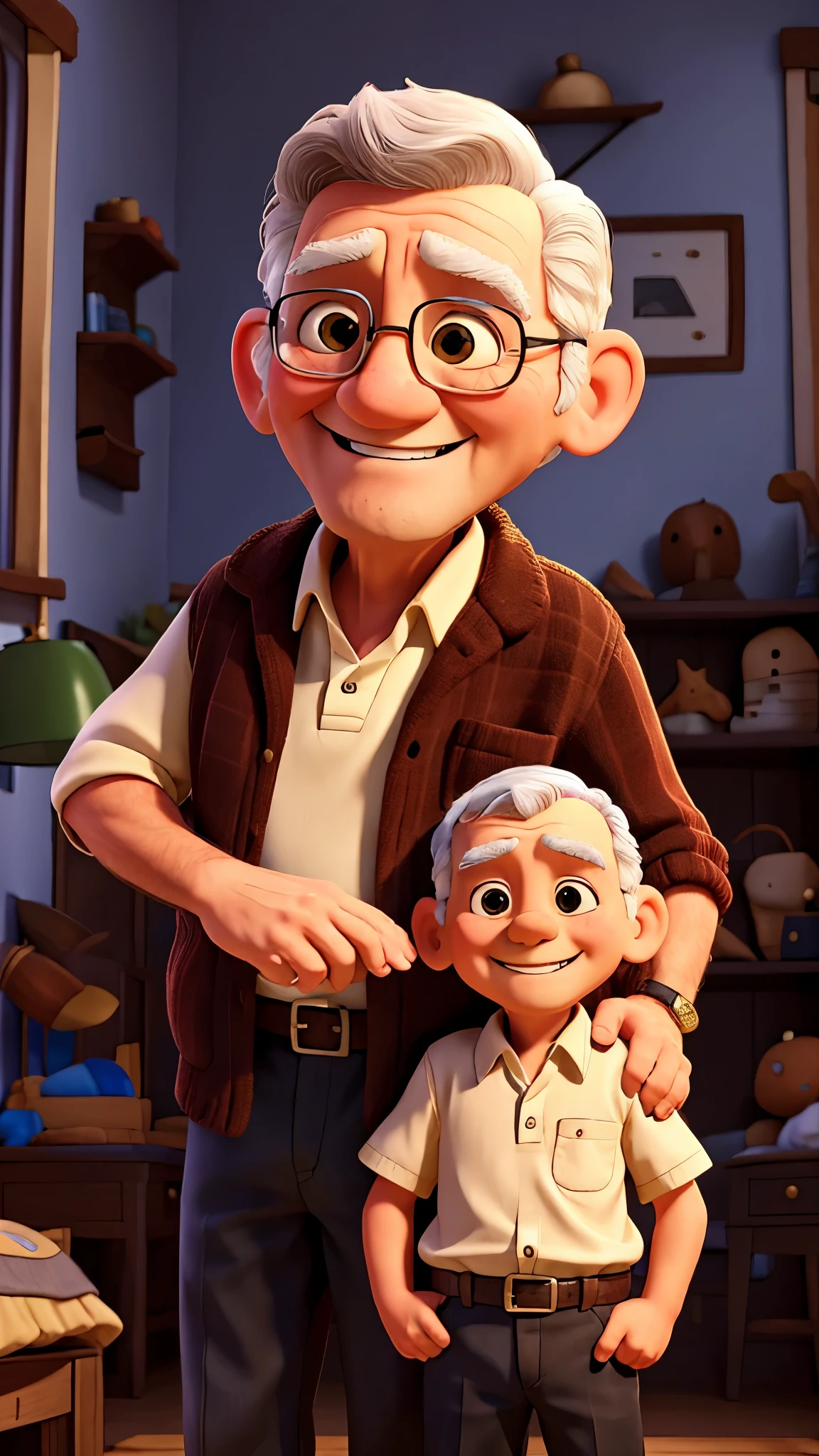 Grandfather and a 8year old boy smiles warmly, placing a gentle hand on the boy's shoulder