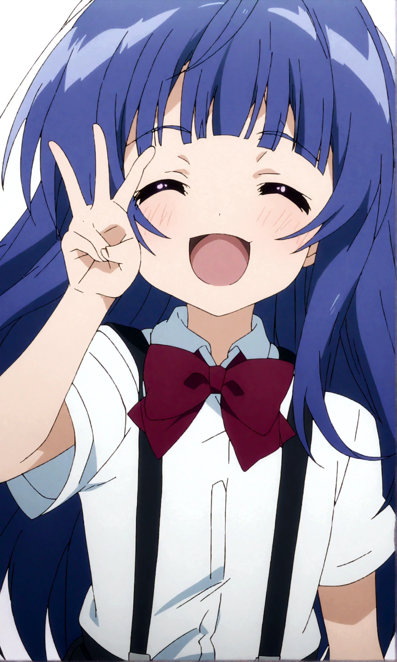 score_9,score_8, score_8_up, BREAK 1girl, solo, furude rika, (tween), kawaii, blue hair, purple eyes, long hair, blunt bangs, bangs,straight-on, simple background, white background, bow, skirt, shirt, suspenders, smile, short sleeves, pleated skirt, white shirt, open mouth, :d, red bow, facing viewer,^_^, suspender skirt, , black skirt, collared shirt, blush, bowtie, blunt bangs, dress shirt,masterpiece, best quality, source_anime,anime screencap,anime coloring,standing,upperbody,,v over eye.(closed eyes),Throwing stars