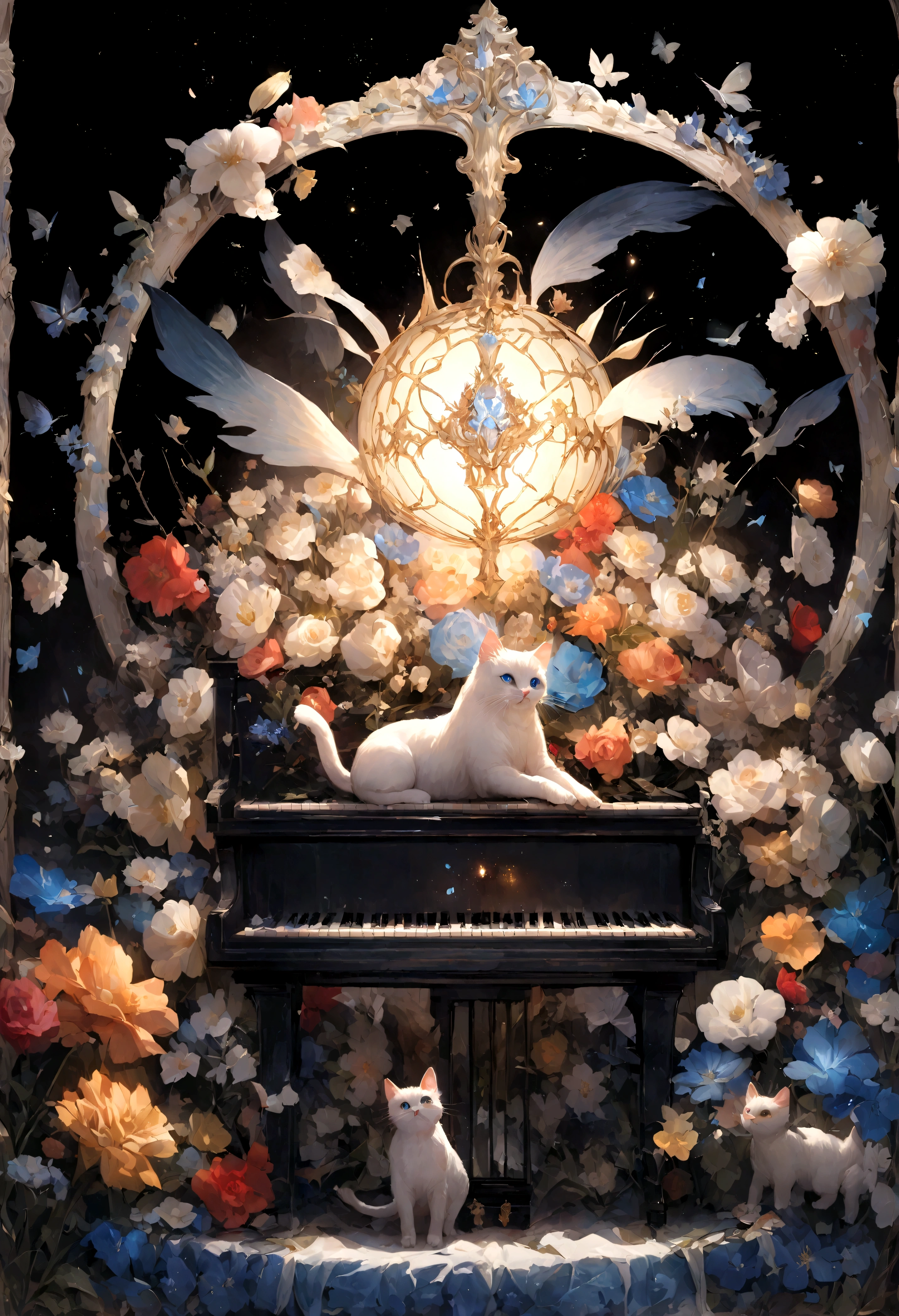 cute、、Young Girl、12age、Flying、Your eyes are bright and beautiful、whole body、Gray Hair、White cat ears、Cat's Tail、Beautiful blue eyes、White Crown、白いgem、Flower Garden、Lots of white flowers、piano、White Vampire Wings、Rin々Funny face、beautiful、Black Moon、Lots of blue light、universe、Fantasy,Lots of light、gem、magic、AmbiLight,The colors are vivid and bright,Black background,haze,Detailed depiction,Rich details,Explosion of imagination,Surreal,Ultra-realistic,masterpiece,8k,Light,Tyndall effect
