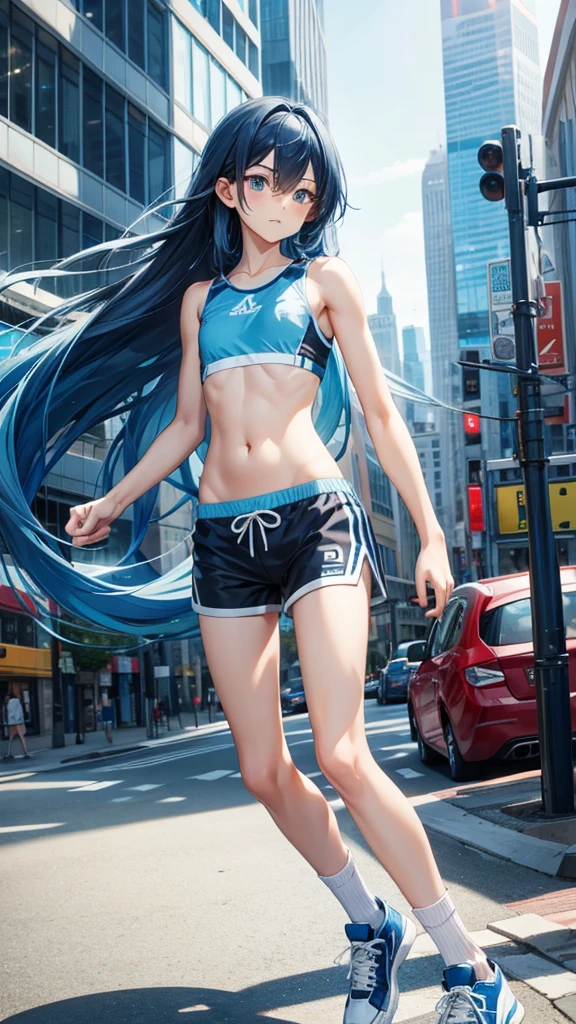 Blue long hair boy，flat chest，Extremely slim figure，sports，shorts，Thin legs，sock，sports shoes，City