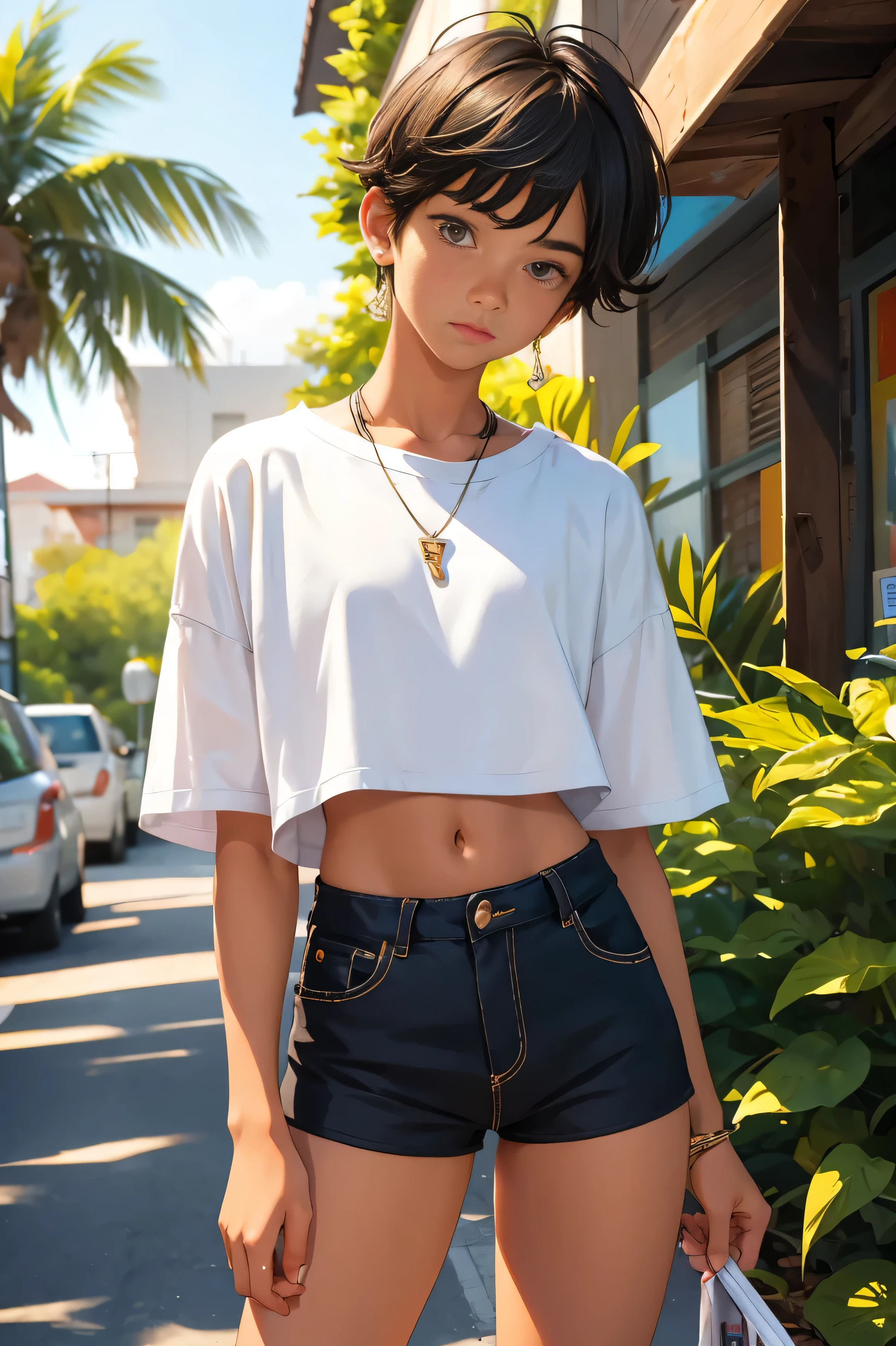 Teen boy 16 years old, beautiful teen boy is wearing a cropped shirt and too very much short mini shorts, the boy's legs are beautiful, tanned, bangs, flirty posing, hot summer, top quality,