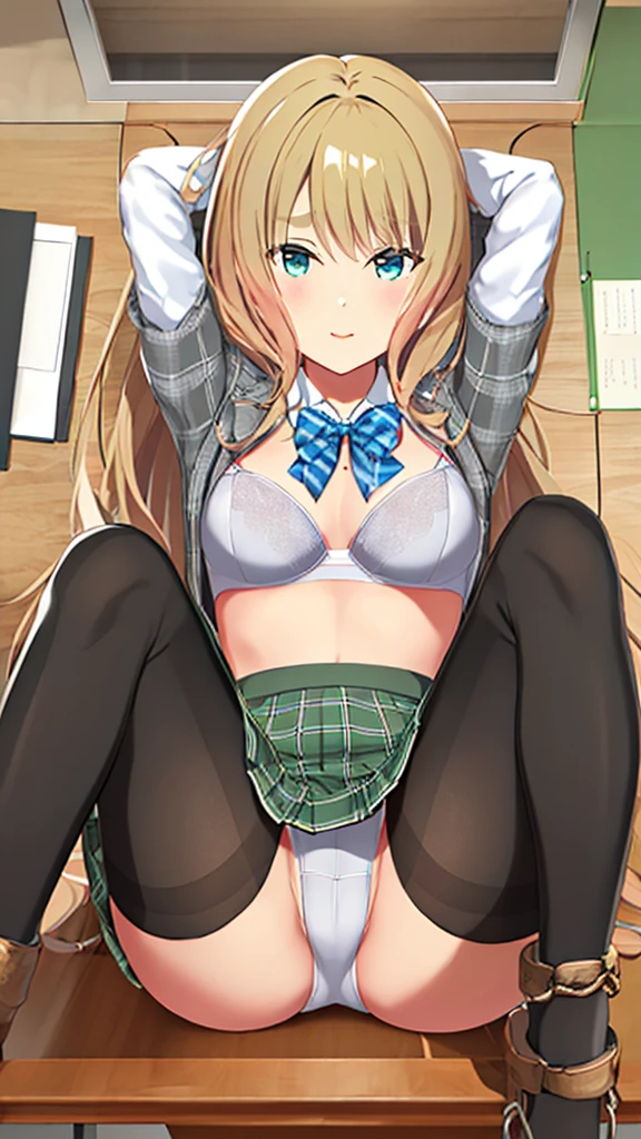 (highest quality:1.5)、(Ultra-detailed:1.2)、1girl, solo, full body, furrowed brow, pantyhose, panties under pantyhose, panty shot, plaid panties, clothed, (spread legs, legs up, hold own thighs, lying, arms behind head), sweat, steam, (restrained, shackles), classroom, (skirt lift:1.2), show off bra