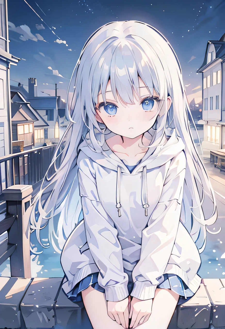 cute、blue eyes、Silver Hair、high resolution、hoodie、cool、Sea town、evening