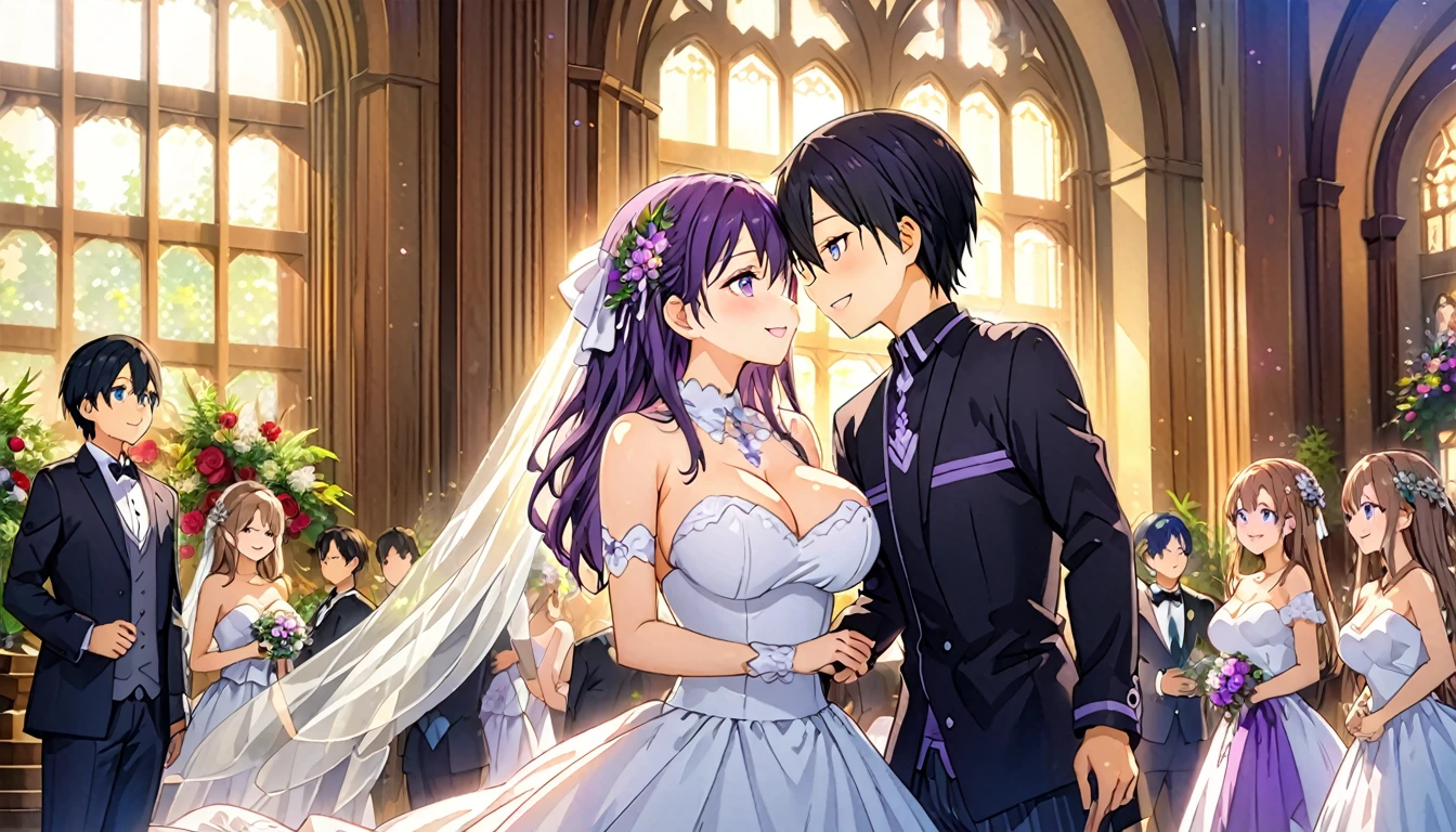 Kirito and Asuna black Wedding dress purple eyes blushing smile two people standing in the wedding hall kiss big breasts breast enlargement illustration, ultra-detailed, HDR, vibrant colrs, soft lighting official art