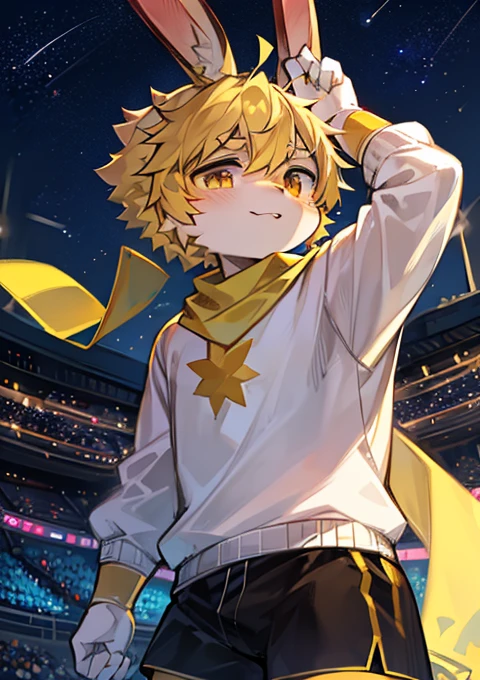 best quality: 0.8,4k,high quality,Super beautiful sky,night,Star,galaxy,brilliant,Sunlight,stadium,Huang Cancan,Energetic,rabbit,A male,athlete,cute,Rabbit ears,Bunny Orc,teenager,cute帅气,Full body fur,Yellow hair,Yellow scarf,White shirt,shorts,Four-pointed star,天空Star,Stars in the eyes,