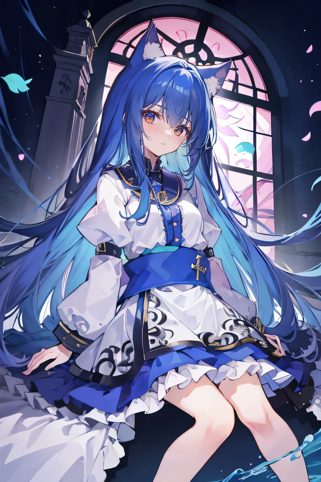 (masterpiece:1.2),Extremely detailed,Practical,expressive eyes,Fair skin,Perfect face shaping,1 Girl,
Japanese cartoons,Gorgeous blue hair, the long flowing blue hair,Floating clothes,Cat ears,Petals fall,beautiful lola,Angel,
Place your hands on your waist,sit elegantly on the ground,Cross your legs,Gentle and peaceful background,stately church,nun,torn clothes.