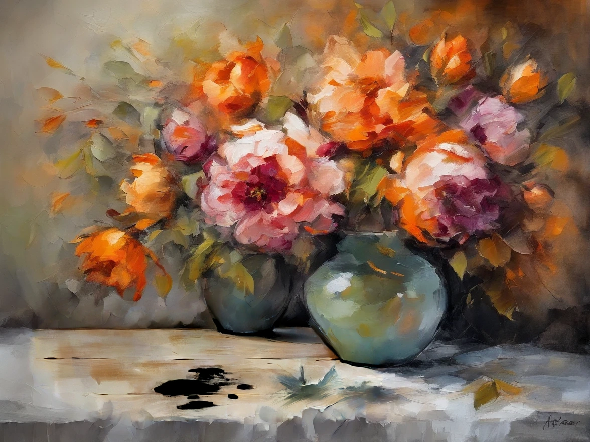 ((masterpiece)), ((best quality)), ((high-res)), ((Ink wash)), ((artist)), ((extremly details)), ((impasto painting)), orange, grape and peonies flowers are on a wooden table, pastel colors