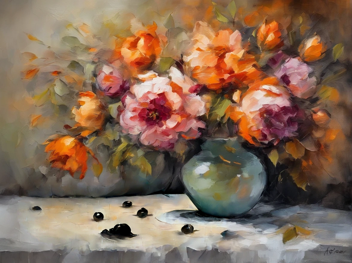 ((masterpiece)), ((best quality)), ((high-res)), ((Ink wash)), ((artist)), ((extremly details)), ((impasto painting)), orange, grape and peonies flowers are on a wooden table, pastel colors