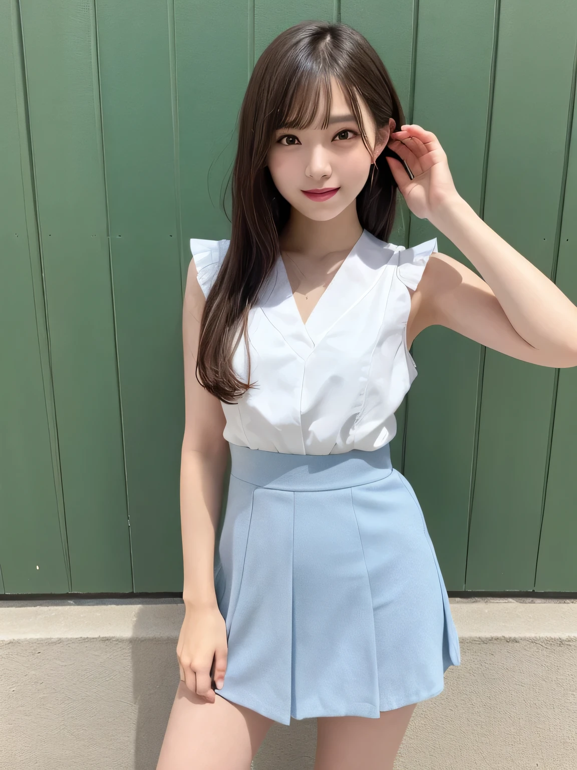 In detail,Full body photo、Blonde、 One high school girl、High resolution, high quality、Slim body、Perfect dynamic composition, Beautiful fine details, Short Bob Cut、Natural color lip,Kamimei、13-year-old girl、Clear Skin、Sleeveless white sailor suit、Green mini skirt、Thighs、Shiny Hair、最high quality, figure, Very detailed, In detail, High resolution, 8k、The correct state of the human body、Sculpture model pose,Blue Wall,View your viewers、Thighs are visible、smile、