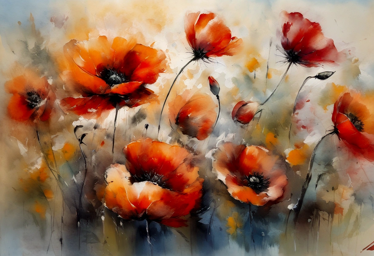 ((materpiece)), ((best quality)), ((high-res)), ((Ink wash)), ((artist)), ((extremly details)), ((impasto painting)), beautiful poppies flowers, pastel colors