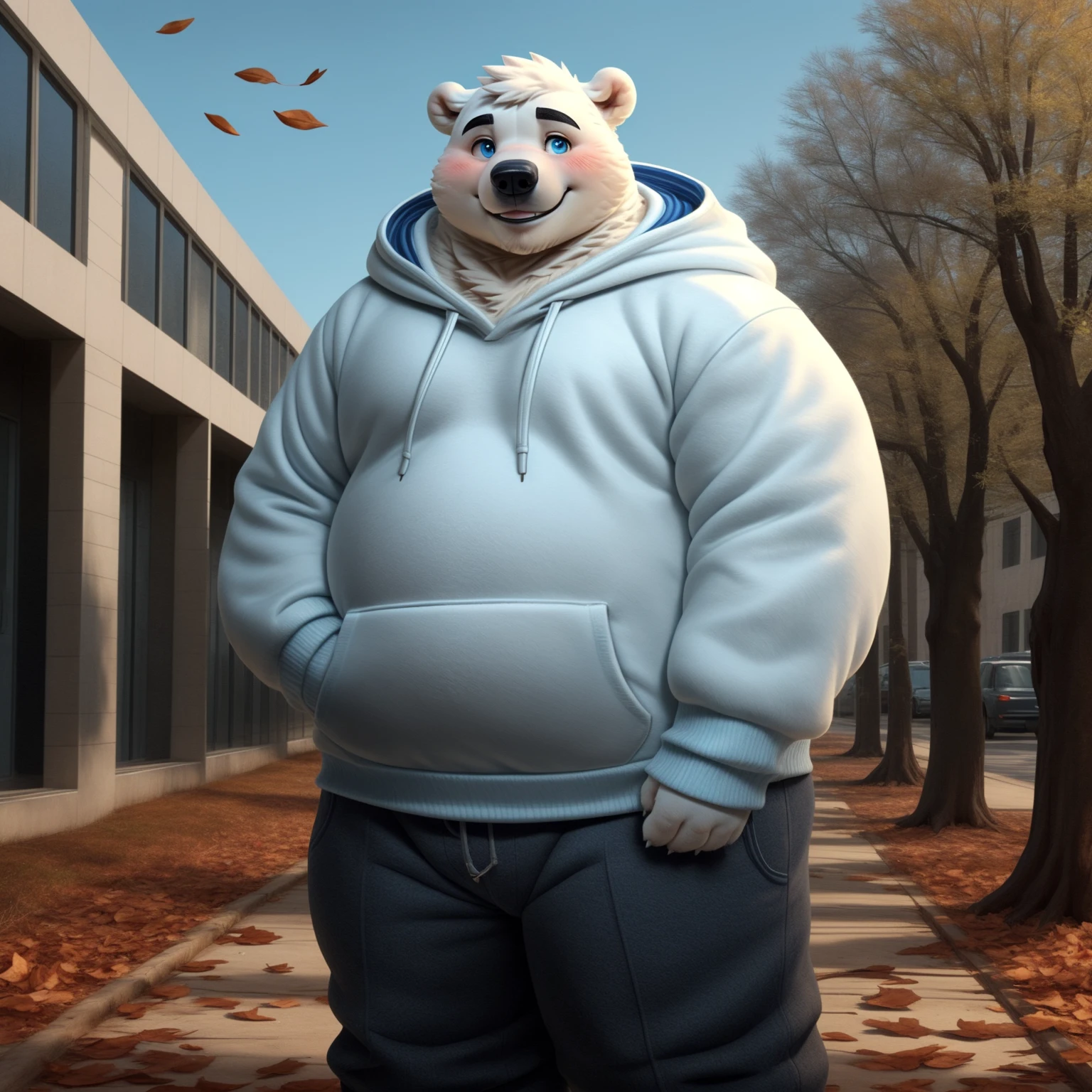 New Jersey 5 Furry,Polar Bear,Beautifully, Chubby,fat,Thick arms,Strong muscles,White plush fur,Chubby脸,Black eyebrows,Sky blue eyes,beard,School,In the shadows,Fallen Leaves,hoodie,Pants,standing solo,blush,Smile
