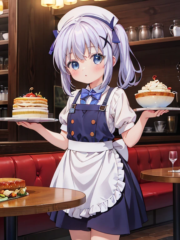 masterpiece, highest quality, Very detailed, 16k, Ultra-high resolution, Cowboy Shot, Detailed face, Perfect Fingers, 14-year-old female,  Inside the restaurant, Cute waitress outfit, table, Chair, Carry dishes, kafuu_chino_istheorderarabbit