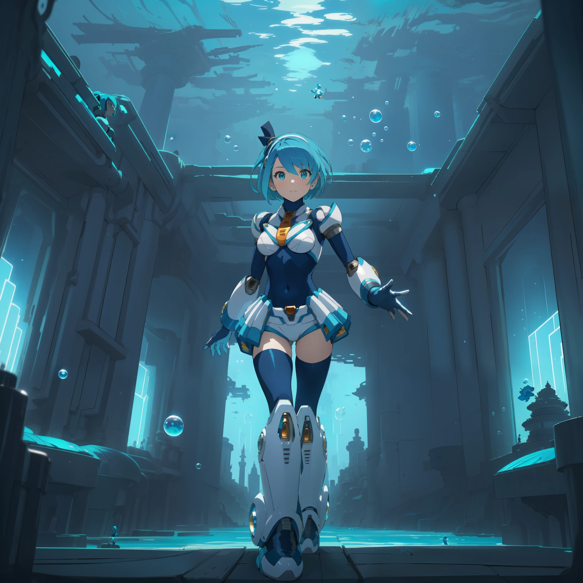 rico_megamanxdive, 1girl, solo, blue eyes, short hair, blue hair, android, high quality, masterpiece, standing in an underwater city with lots of bubbles, in the style of yuumei, intricate architectures, indigo, miniature illumination, daniel f. gerhartz