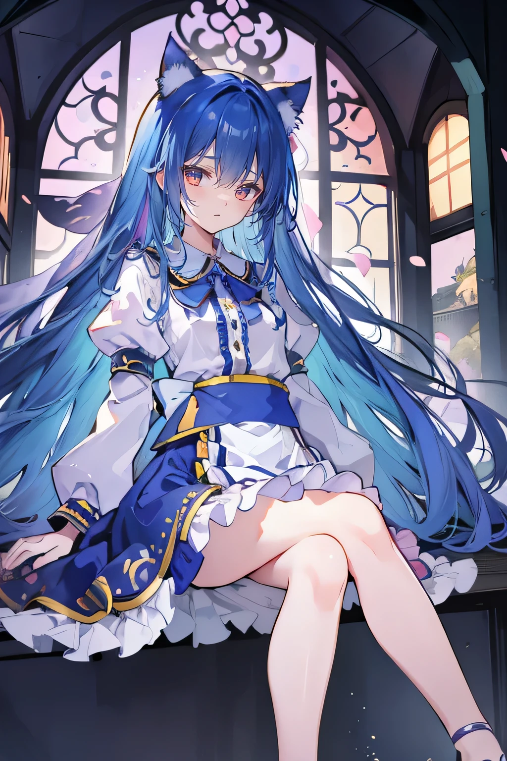 (masterpiece:1.2),Extremely detailed,Practical,expressive eyes,Fair skin,Perfect face shaping,1 Girl,
Japanese cartoons,Gorgeous blue hair, the long flowing blue hair,Floating clothes,Cat ears,Petals fall,beautiful lola,Angel,
Place your hands on your waist,sit elegantly on the ground,Cross your legs,Gentle and peaceful background,stately church,nun,torn clothes.