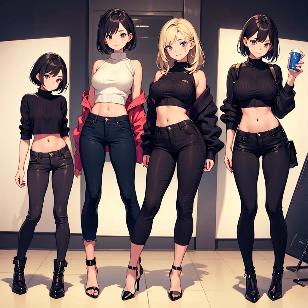 cute girl,cropped sweater,low-rise damaged skinny pants,happy,multiple views,gal,urbun gal,