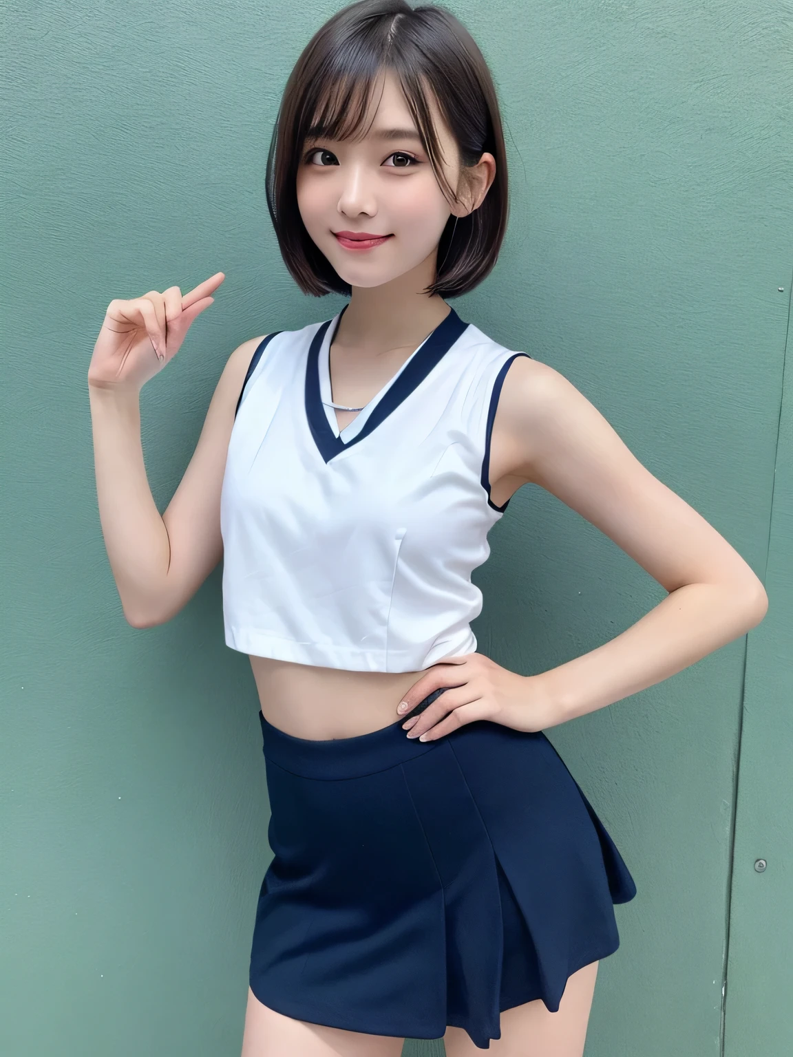 Picture taken from the front, with the left and right sides equally spaced, draw symmetrically, simple background, equally spaced left and right, stand upright, cowboy shot, (arms behind back:1.5), One cheerleader girl, 18 years old, very short hair, ((camisole, miniskirt))