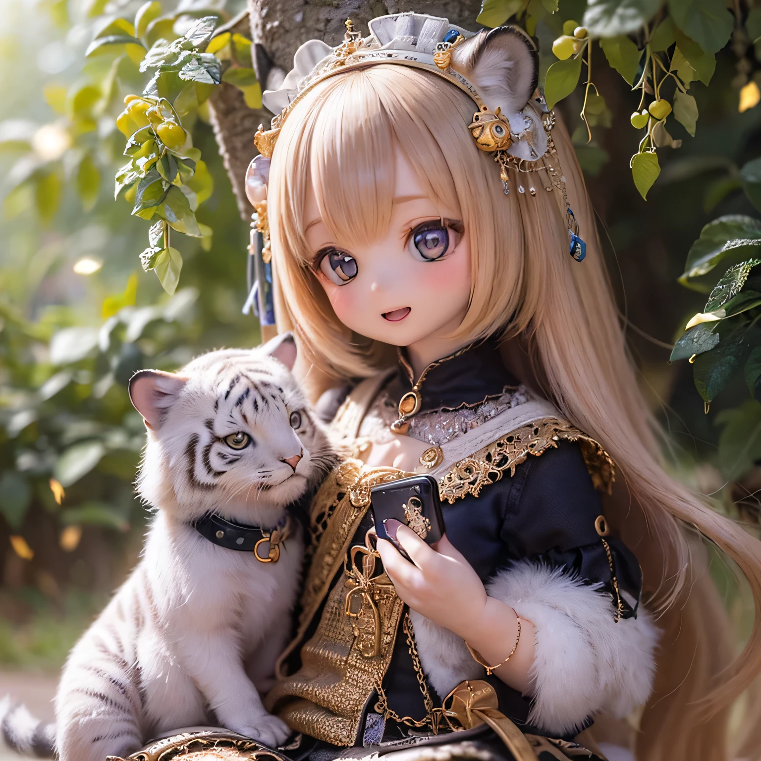 (highest quality,4K,8k,High resolution,masterpiece:1.2),Very detailed,Realistic,White Tiger Girls Chibi,Beautiful details,Long eyelashes,Detailed lips,A girl in colorful and cute clothes,A tall tree with vibrant flowers々々Play in the Magical Garden,Soft, warm sunlight hitting the trees々Plug in from between,Creates a magical and dreamy atmosphere,Sparkling fairy dust floating in the air,Bring a sense of glamour and wonder to your scenes,The skin has a delicate and intricate tiger pattern..,Glows softly, Mysterious Light,The innocent and happy expressions of the girls,
Emphasize a pure and playful personality,Small and adorable chibi characters,
Adds cuteness, A harmonious blend of reality and fantasy,
Evokes childlike joy and imagination, vibrant and lively color palette,
Shades of pink, purple, Blue and,Painting-like texture, Add depth and richness to your artwork, Capture the magical essence of the scene.