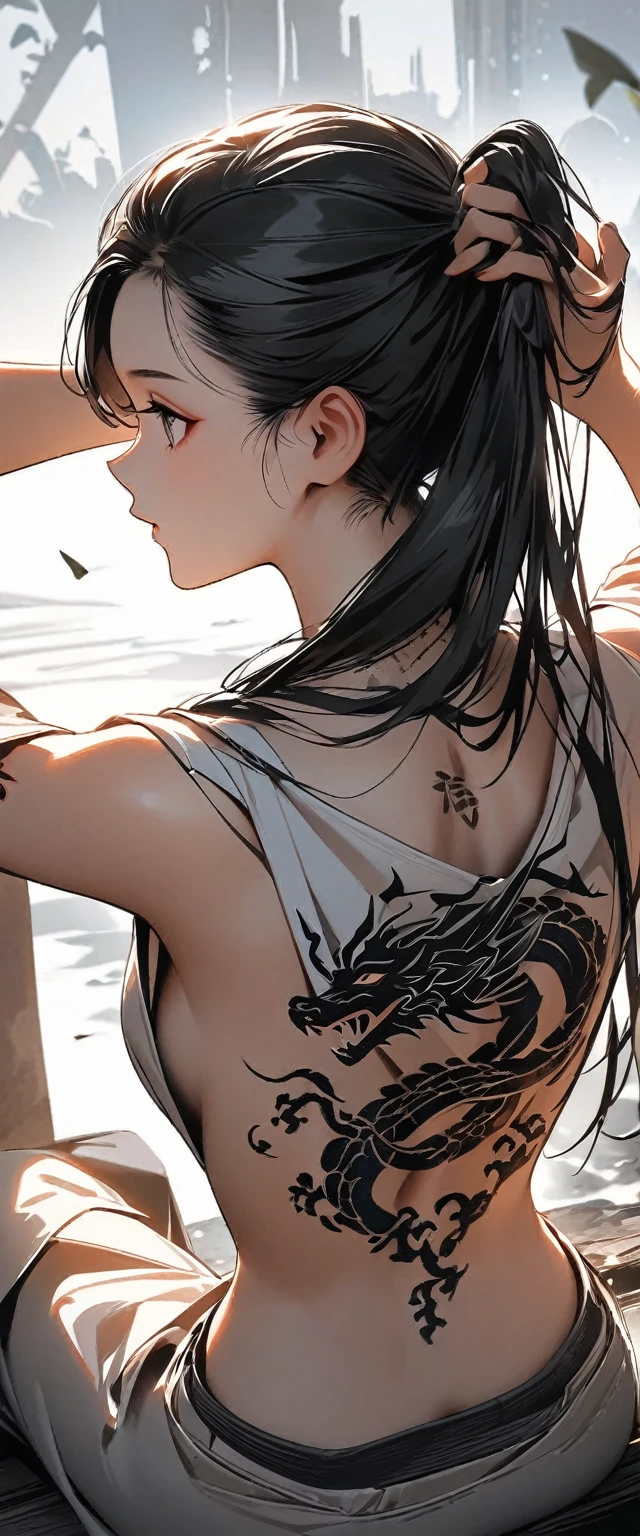 (best quality:1.2, Very detailed, up-to-date, energetic, Ultra-high resolution, High contrast, masterpiece:1.2, best quality, Best aesthetics), (((1 girl))), From the back, Back dragon tattoo, back tattoo, Beautiful nudity, beautiful back view, pull up your hair, nape, Detailed tattoo performance, Colored dragon tattoo, Fine images, Slim woman, Kimono fluttering, Beautiful skin, (Delicate eye expression:1.2), Beautiful woman looking back, sit, Cowboy shooting, Black Hair, long hair, Hook of Holland,