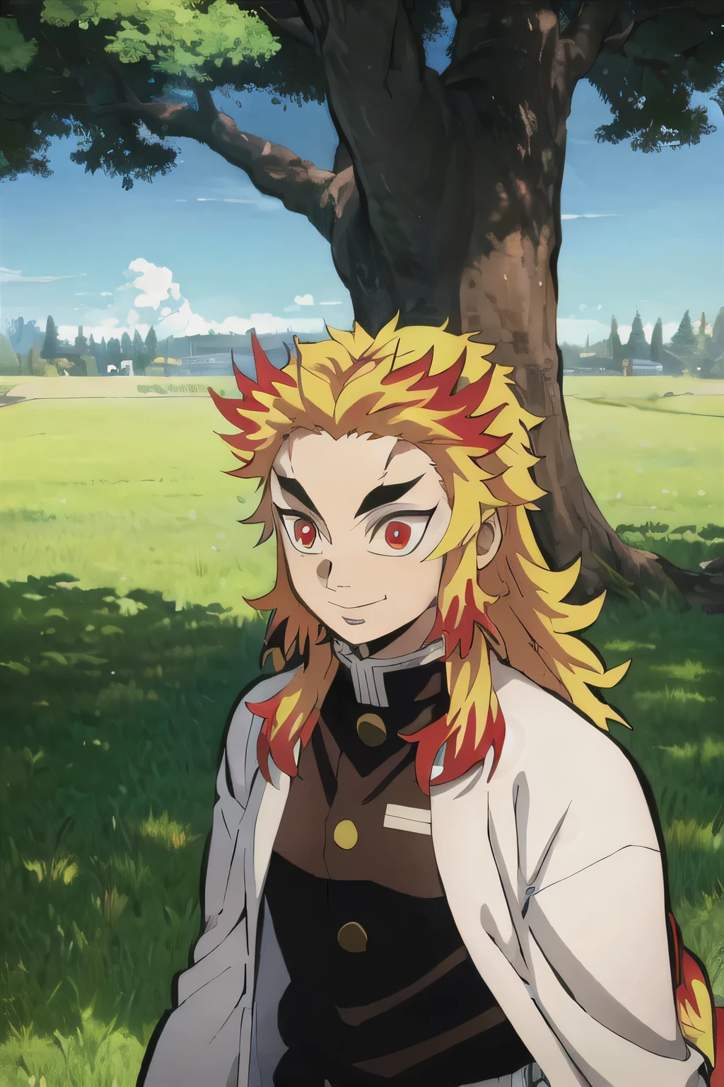 rengoku kyoujurou, demon slayer, 1boy, solo, upper body, sky, nature, tree, male focus,  long hair, smile, blonde hair, red hair,  red eyes, long sleeves, demon slayer uniform, outdoors, day, best quality, masterpiece, 