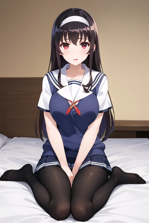 masterpiece, best quality, highres, aautaha, long hair, black hair, hairband, , sailor collar, sweater vest, blue sweater, white shirt, short sleeves, pleated skirt, blue skirt, (black pantyhose:1.2), room, wariza, bed