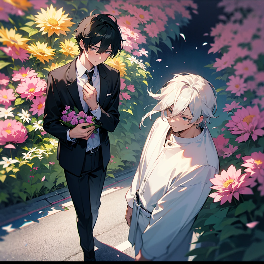 2 men,Standing and flirting,where there are flowers,road,cute guy 1,Funny guy 1,handing flowers,cute guy shy,