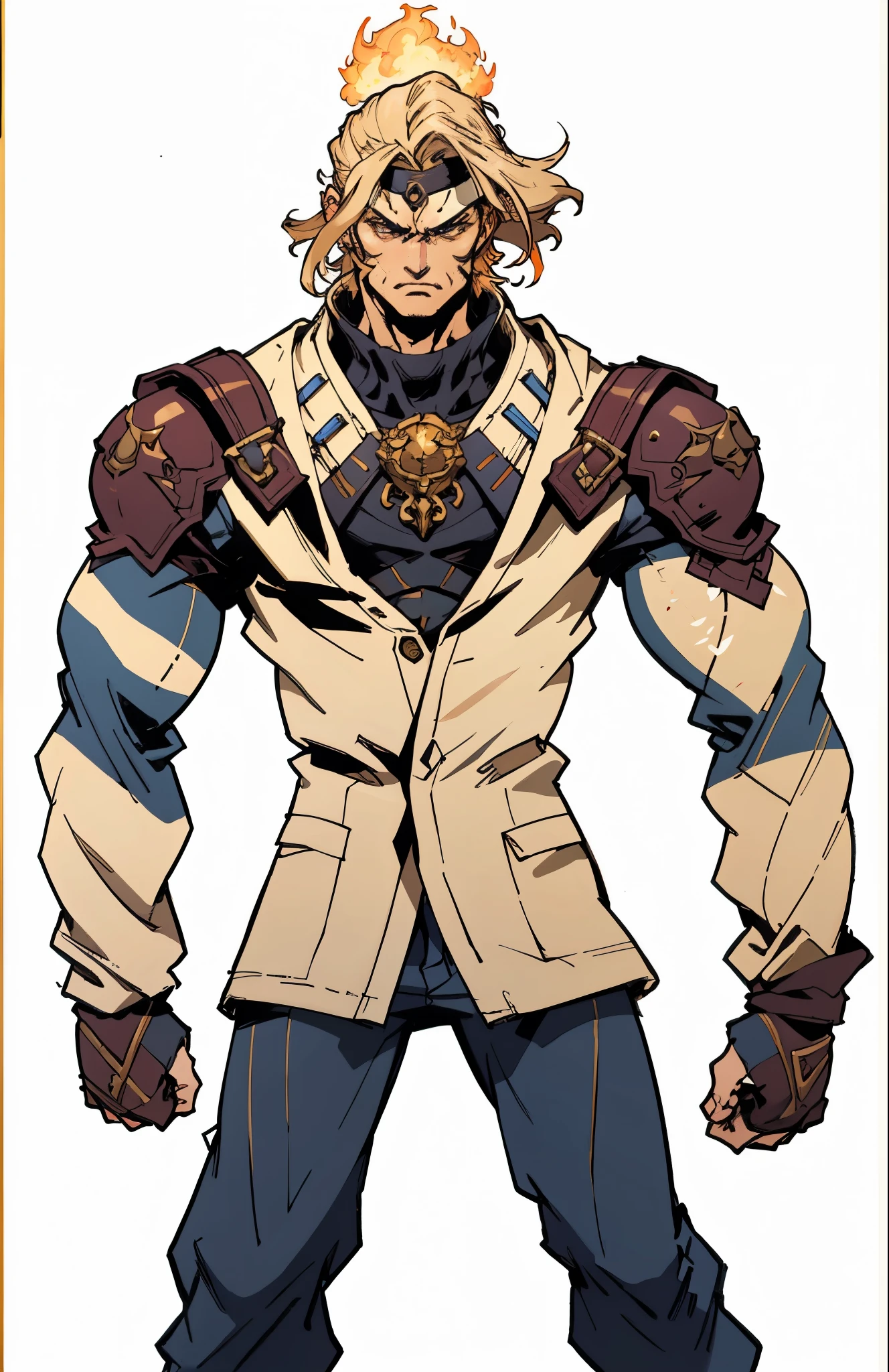 A man with short golden hair, middle-parted bangs, a hexagonal metal forehead protector, round glaring eyes filled with anger, a furious expression, chiseled facial features, a muscular build, an orange fantasy martial arts-style coat with flame-shaped decorations on the collar, a luxurious red and white undershirt, matching trousers, the backdrop of a fantasy-style city street, this character embodies a finely crafted fantasy martial arts-style warrior in anime style, exquisite and mature manga art style, dramatic, high definition, best quality, highres, ultra-detailed, ultra-fine painting, extremely delicate, professional, perfect body proportions, golden ratio, anatomically correct, symmetrical face, extremely detailed eyes and face, high quality eyes, creativity, RAW photo, UHD, 32k, Natural light, cinematic lighting, masterpiece-anatomy-perfect, masterpiece:1.5