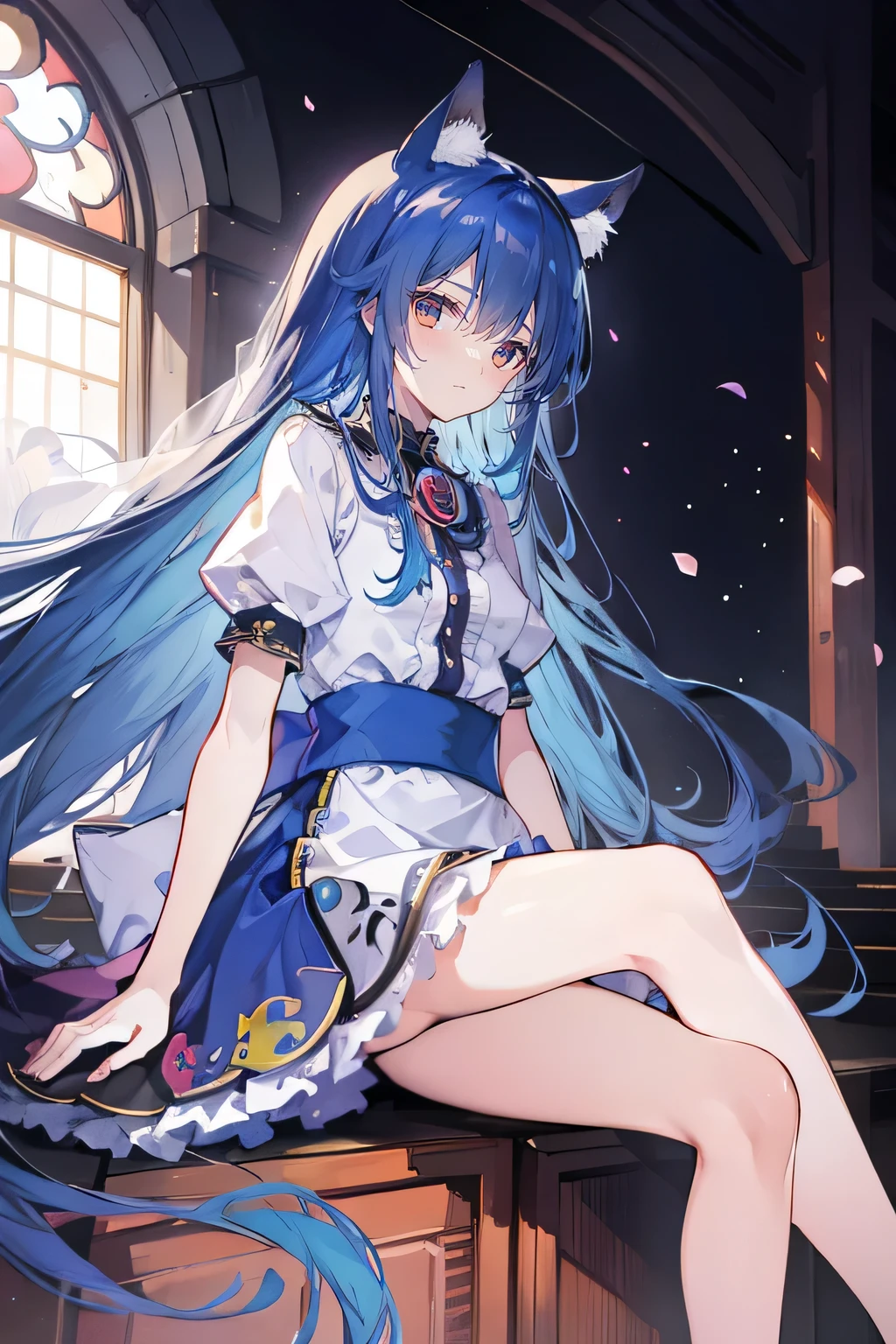 (masterpiece:1.2),Extremely detailed,Practical,expressive eyes,Fair skin,Perfect face shaping,1 Girl,
Japanese cartoons,Gorgeous blue hair, the long flowing blue hair,Floating clothes,Cat ears,Petals fall,beautiful lola,Angel,
Place your hands on your waist,sit elegantly on the ground,Cross your legs,Gentle and peaceful background,stately church,nun,torn clothes.