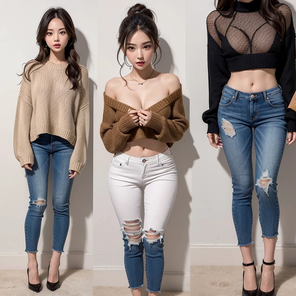 cute girl,cropped sweater,low-rise damaged skinny pants,happy,multiple views,gal,urbun gal,