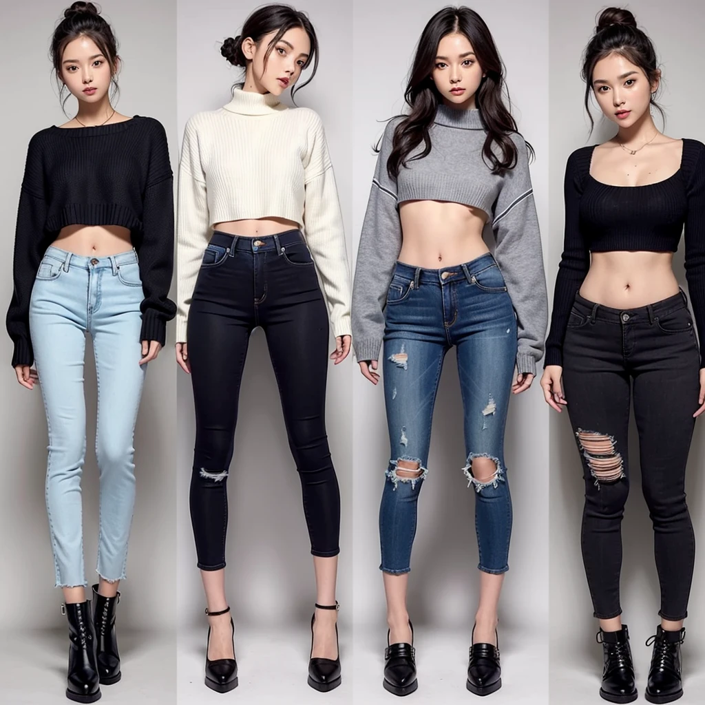 cute girl,cropped sweater,low-rise damaged skinny pants,happy,multiple views,gal,urbun gal,
