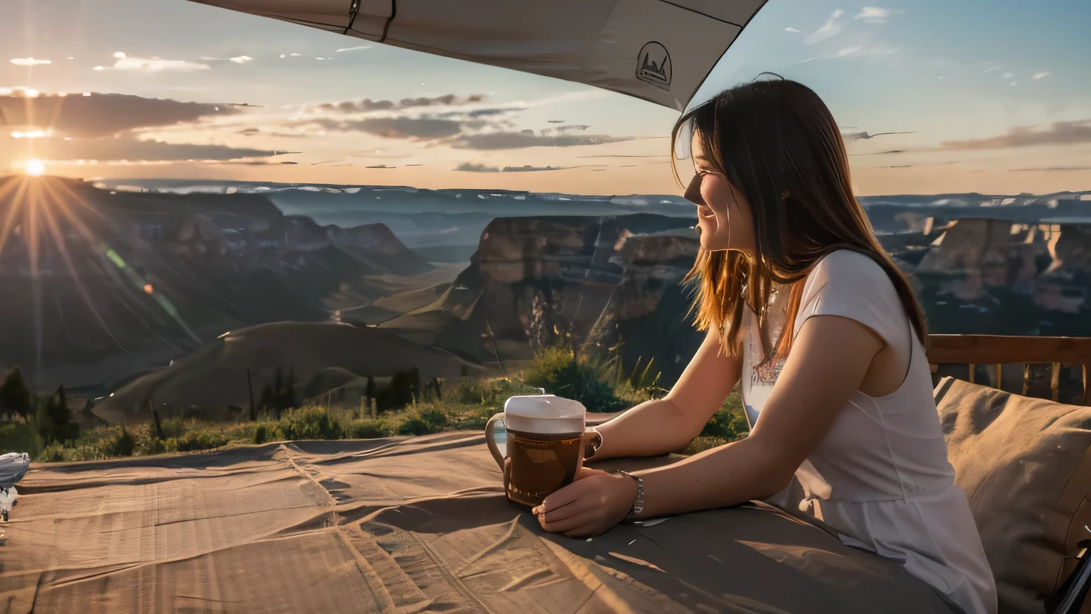 One Girl, So cute like an idol, Advertising photo, Close-up, woman sitting on the ground with holding a color-glazed ((porcelain coffee cup)) of coffee in front of a tent, morning coffee, 16 yo young cute woman, wild camping, in snowy mountains, sunrise moment, dusky, outdoor fine photography, hiking clothes Anatomically correct, Textured skin, front lighting, f/1.0mm, fujifilm G FUX 50R, Regina Display, Super Detail, Attention to detail, (look up_in_Audience:1.2), selfies