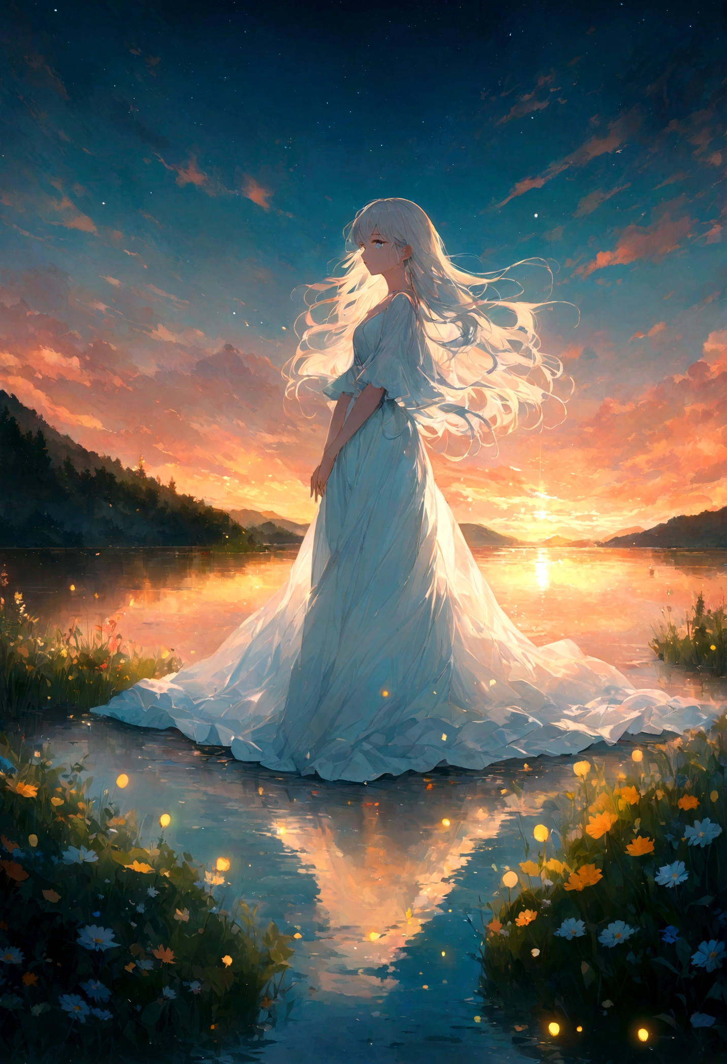 Ethereal young woman with flowing silver hair and bright blue eyes, dressed in flowing white dress with light blue accents, stands contemplatively gazing at a dramatic Studio Ghibli-inspired sunset. Vibrant orange and blue clouds streak across the vast sky, their reflection dancing on the surface of a still lake surrounded by lush green mountains. In the foreground, a vibrant tapestry of wildflowers blooms. Achieve highest quality, high resolution, detailed 8K image. Render every detail meticulously, maintain serene contemplative mood with warm glowing light. Consider adding subtle magical elements like fireflies or faint otherworldly lake glow.