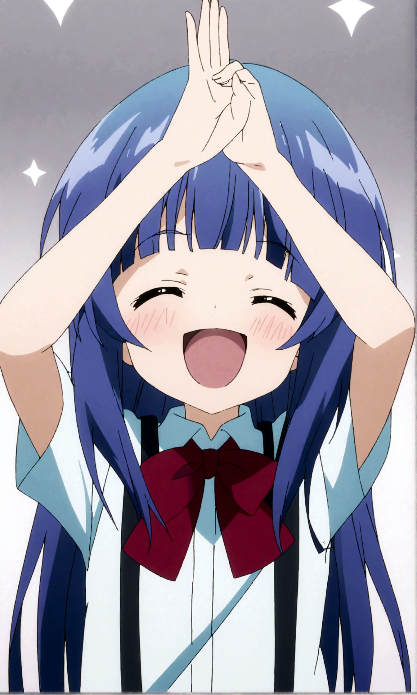 score_9,score_8, score_8_up, BREAK 1girl, solo, furude rika, (tween), kawaii, blue hair, purple eyes, long hair, blunt bangs, bangs,straight-on, simple background, white background, bow, skirt, shirt, suspenders, smile, short sleeves, pleated skirt, white shirt, open mouth, :d, red bow, facing viewer,^_^, suspender skirt, , black skirt, collared shirt, blush, bowtie, blunt bangs, dress shirt,masterpiece, best quality, source_anime,anime screencap,anime coloring,standing,upperbody,,v over eye.(closed eyes),Throwing stars