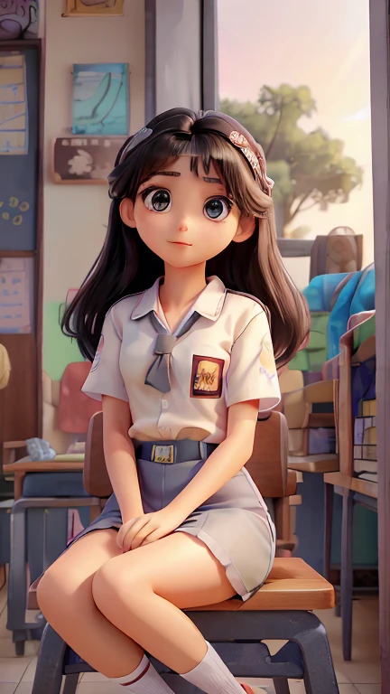 top-quality、hight resolution、ultra-detailliert、​masterpiece、Raw photography:2、realisitic:2、Photorealsitic:2、extremely delicate and beautiful、finely detail、Textured skin、1girl in、japanes、 (Solo)、(Chest Up Shot)、18-year-old 、(Sitting on a school chair by the window)、She's looking at this、Sunset hits、(Super beautiful girl:1.5)、(A detailed face)、Adult face、Bare legs、Black hair、(White short shirt and grey short shirt)、highschool、crass room、School Desks and Chairs