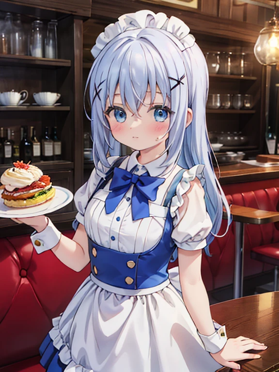 masterpiece, highest quality, Very detailed, 16k, Ultra-high resolution, Cowboy Shot, Detailed face, Perfect Fingers, 14-year-old female,  Inside the restaurant, Cute waitress outfit, table, Chair, Carry dishes, blue_hair, long_hair, blue_eyes, x_hair_ornament, hair_ornament, blush, bangs, closed_mouth, hair_between_eyes