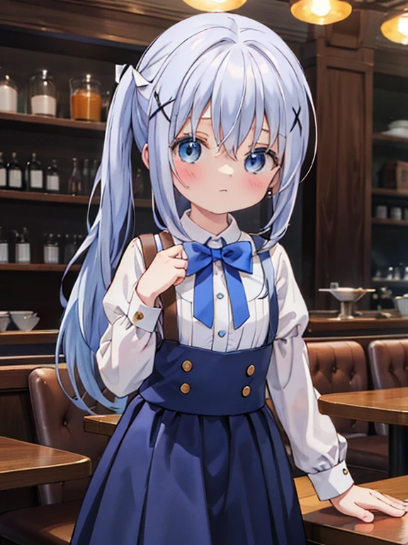 masterpiece, highest quality, Very detailed, 16k, Ultra-high resolution, Cowboy Shot, Detailed face, Perfect Fingers, 14-year-old female,  Inside the restaurant, Cute waitress outfit, table, Chair, Carry dishes, blue_hair, long_hair, blue_eyes, x_hair_ornament, hair_ornament, blush, bangs, closed_mouth, hair_between_eyes