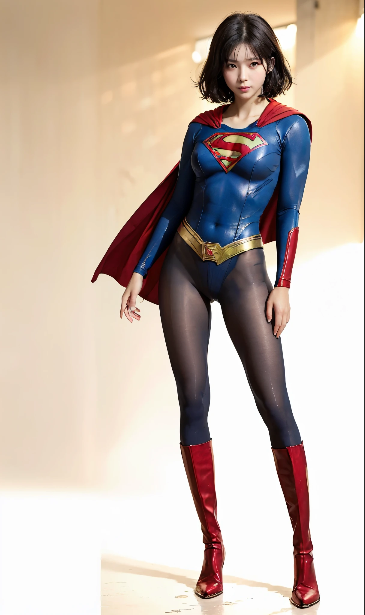 No background、(((Beautiful legs in black tights.)))、(((Legally express the beauty of your smile)))、((((Make the most of your original images)))、(((Supergirl Costume)))、(((Beautiful short bob hair)))、(((suffering)))、(((Please wear black tights....、Wear red boots)))、((Best image quality、8k))、((highest quality、8k、masterpiece:1.3))、(((Preserve background )))、Sharp focus:1.2、Beautiful woman with perfect figure:1.4、Slim Abs:1.2、Wet body:1.5、Highly detailed face and skin texture、8k