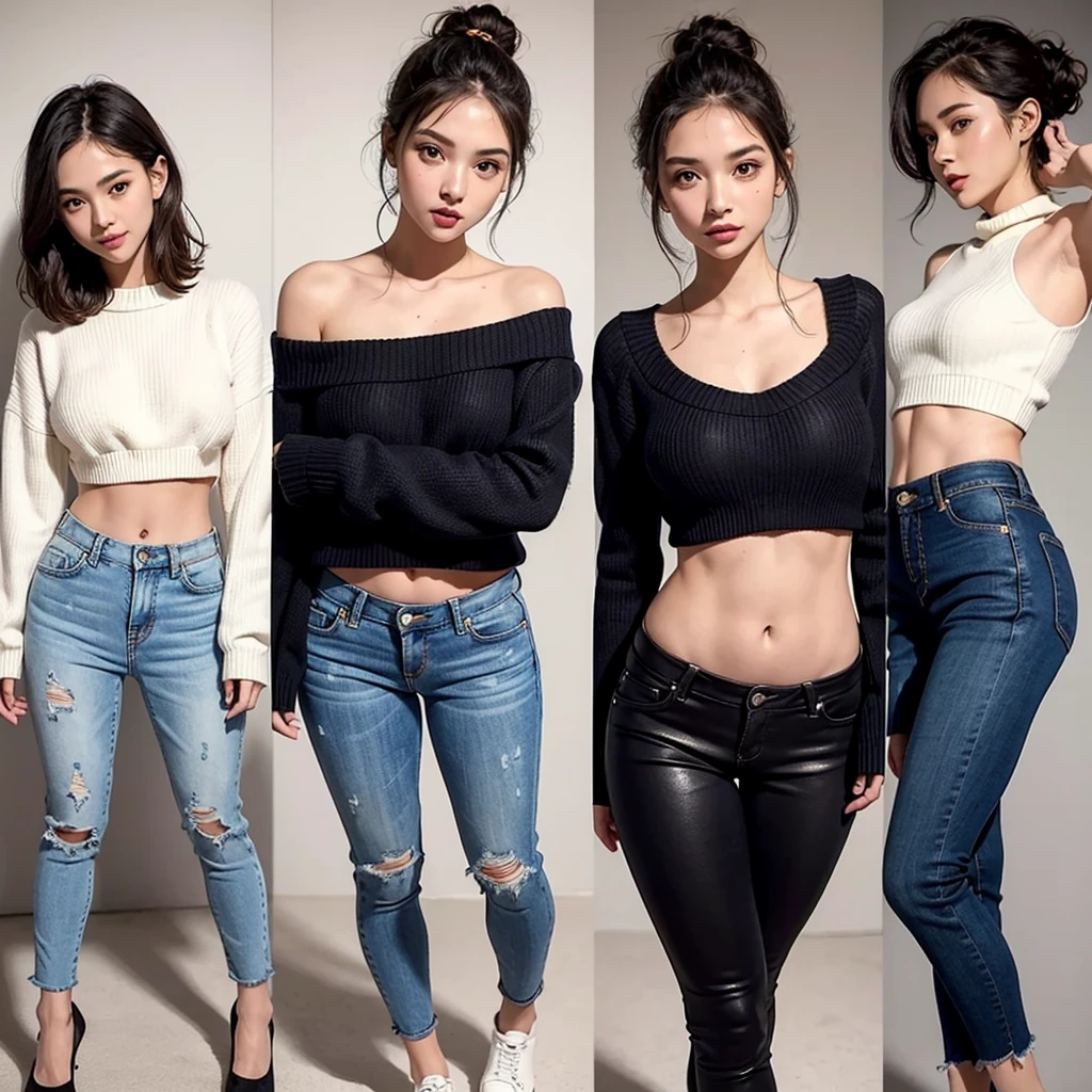 cute girl,cropped sweater,low-rise damaged skinny pants,happy,multiple views,gal,urbun gal,