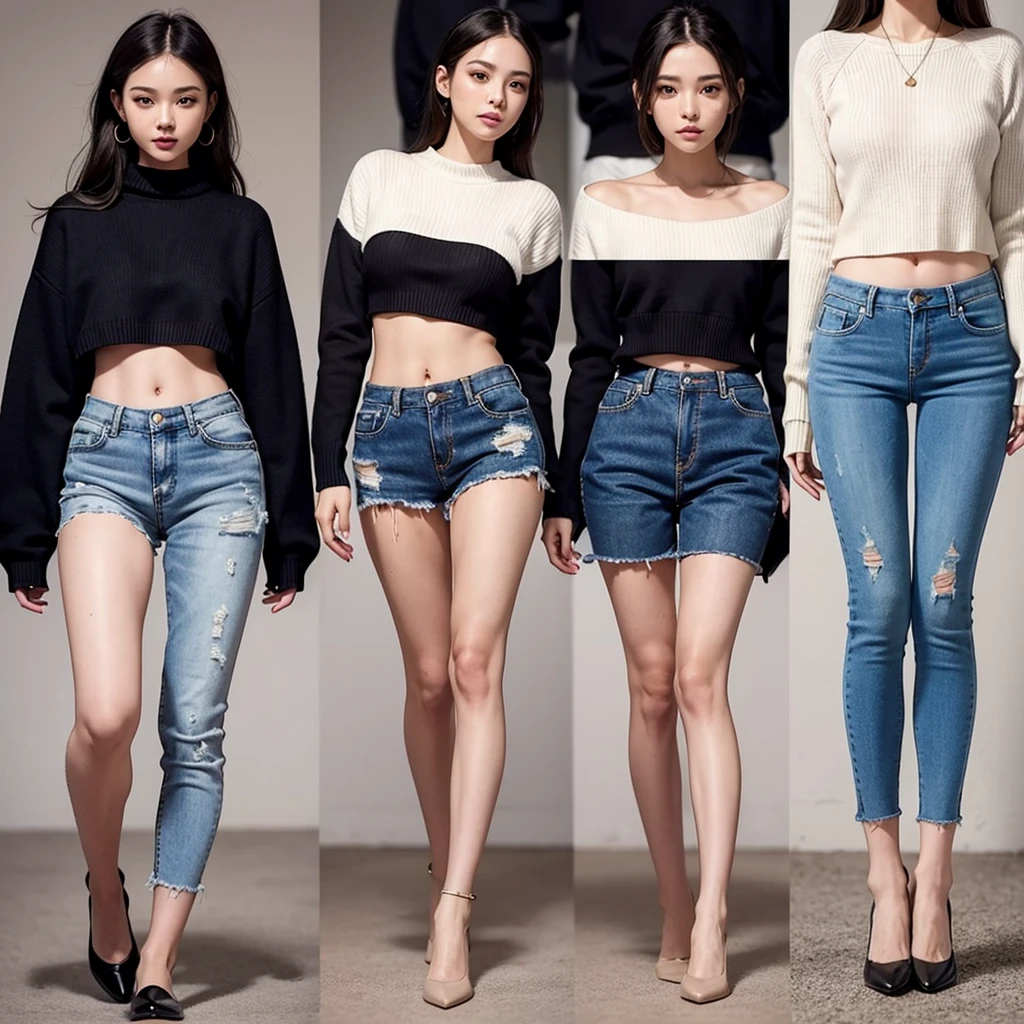 cute girl,cropped sweater,low-rise damaged skinny pants,happy,multiple views,gal,urbun gal,