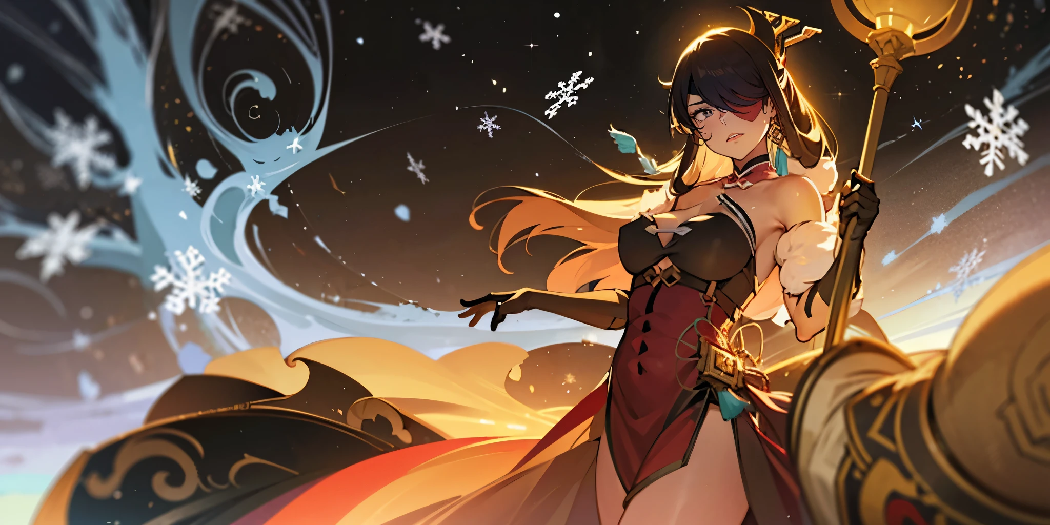 long hair, hairpin, hair over one eyes, beidou, eyepatch, muscular female, curvy, anatomical correct, 1girl, solo, breasts, looking at viewer, gloves, dress, holding, cleavage, bare shoulders, jewelry, staff, earrings, alternate costume, elbow gloves, fur trim, blue dress, glowing, crown, staff, strapless dress, snow, gift, snowing, holding staff, blue gloves, snowflakes, dark persona, hollow eyes, maroon eyes, eyepatch,  lips, cheek, expressionless, glaring eyes, upper teeth, 