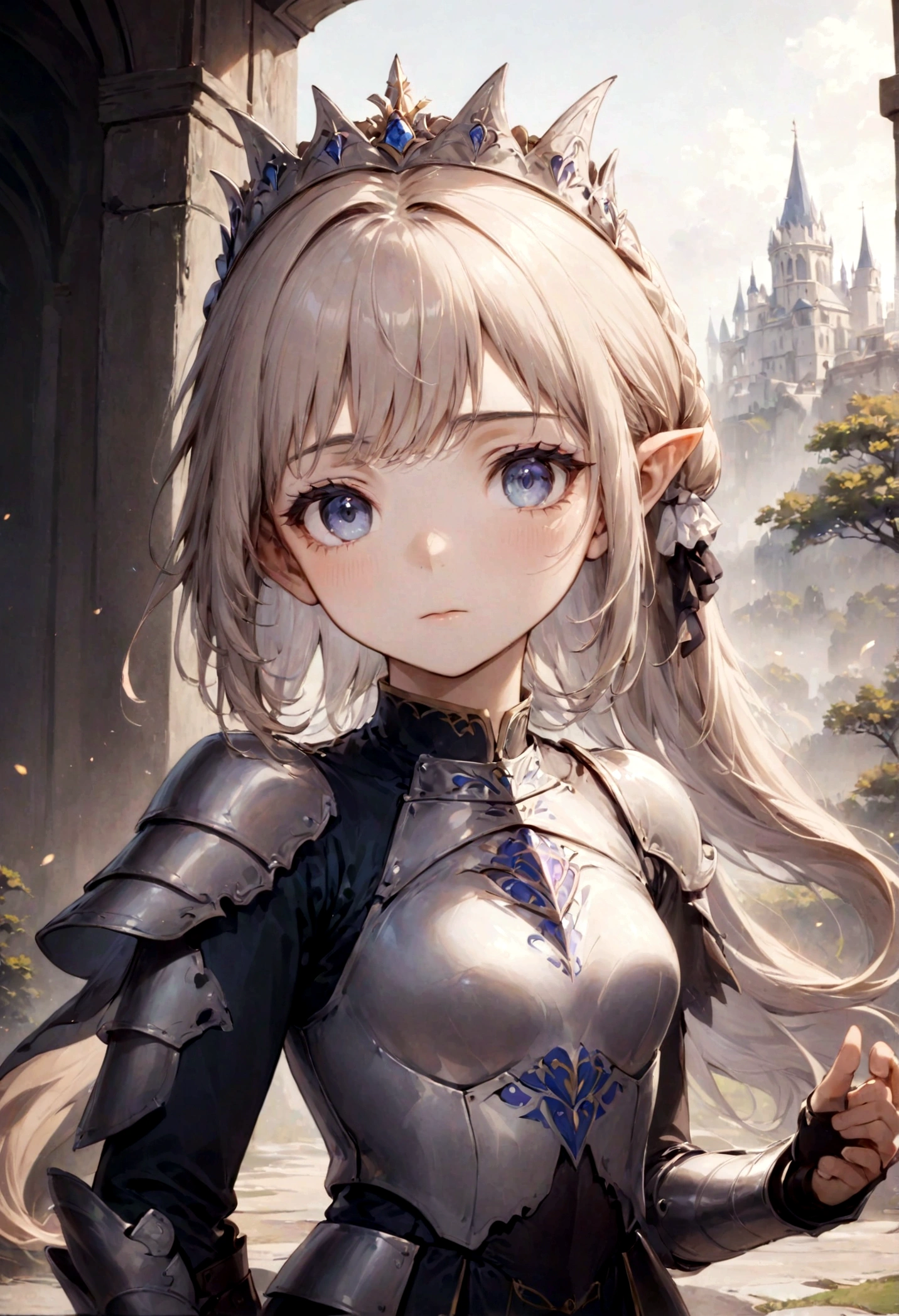 ((Masterpiece)), (Best Quality), (Cinematic),(extrem detailliertes CG Unity 8k-Hintergrundbild), ((upper body with hand)), 1/2 portrait,(with visible hand)1girl, fit, small breasts, a stunning beautiful elf warrior princess who looks dreamy in her a beautifully crafted fine and perfect fitting armor-dress. with one hand  towards she is showing us a fine curved dagger in elf-handcrafted style.  on her head she has decorative tiara with the same ornaments like her armor. the scenery is a little bit gritty but also awe inspiring.,1 line drawing,makeup, plain white background