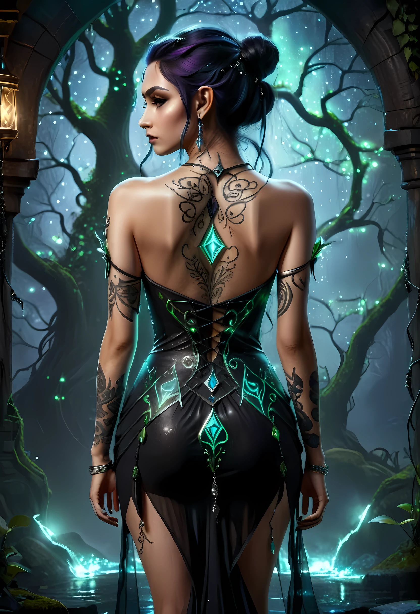 modisn disney, Arafed, Dark fantasy art, fantasy art, goth art, a picture of a tattoo on the back of a female elf, of glowing elven magical runes, AlchemyPunkAI, shoot taken from the back, ((the back is visible: 1.3), she wears a transparent dress that the tattoos glow, crystalline dress
