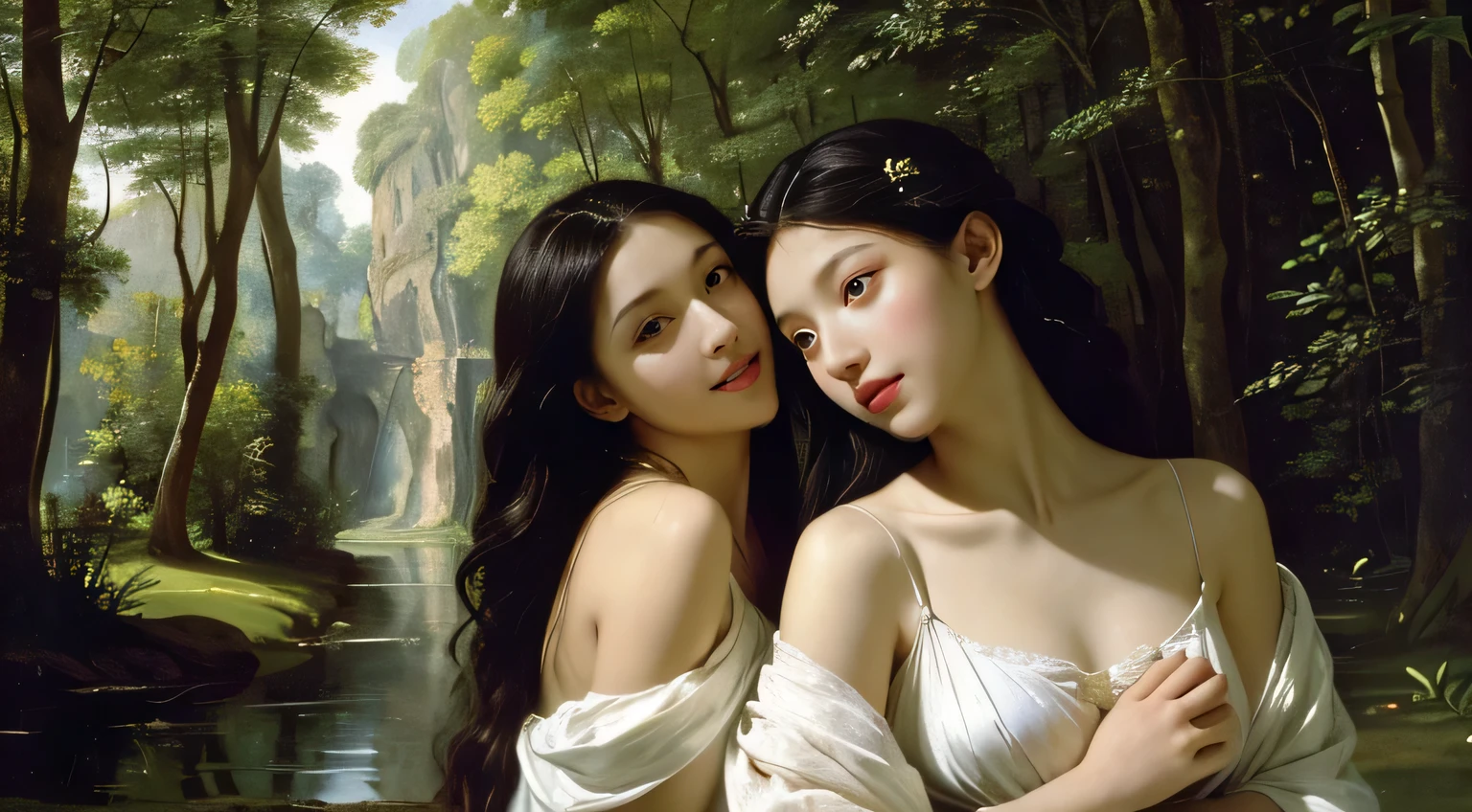 Giorgione painting style,Barbizon forest A beautiful woman in Greek dress smiles on the shore,Sweet and seductive appearance.、Caravaggio's paintings、Chiaroscuro of Caravaggio、hair tousled by the wind,Two women frolicking,cute smile, expression of ecstasy,Sexy,erotic, full body portrait