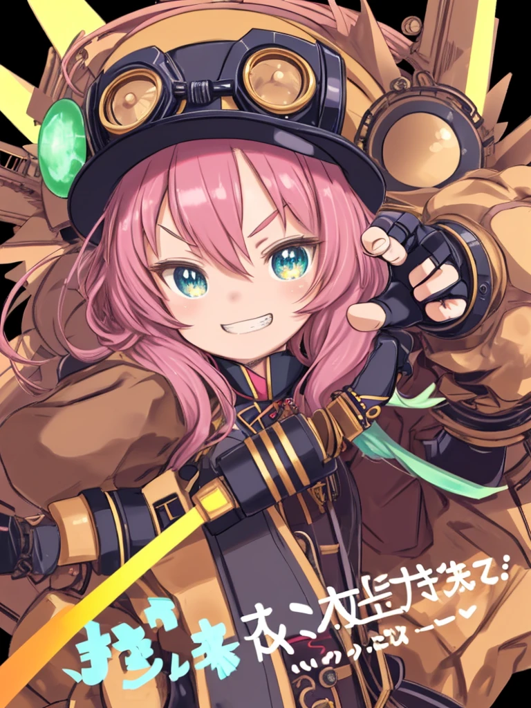 Cute girl、Tsuntsun Hair、Colorful Hair、Sparkling eyes、hat with goggles、steampunk outfit、((Grin))、Big Hands、Machine Body、Mechanical Gauntlet、pose、Upper Body、Fist close-up、Raise your fist towards the audience、V-shaped eyebrows、Watching the audience、