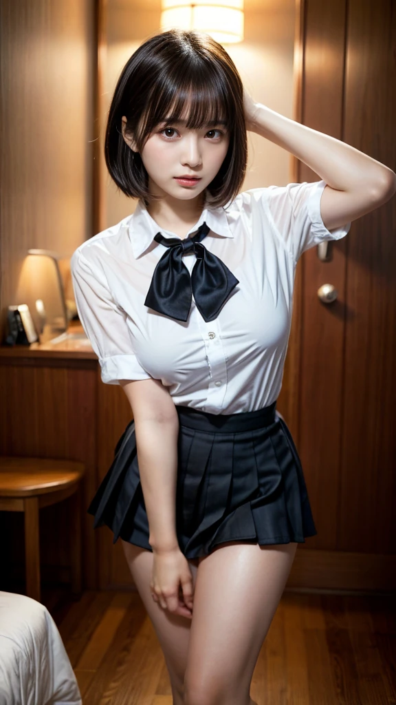 masterpiece, best quality, illustration, Super detailed, fine details, High resolution, 8K,wall paper, perfect dynamic composition,(Details High quality, realistic depiction of eyes:1.3), standing, (tight collared shirt:1.1), pleated skirt, short bob hair、black hair color, Big Natural Color Lip, bold sexy pose, crying a little、Harajuku style、acrobatic pose, 20 year old girl、cute type、beautiful legs, hotel room, gravure idol, Voluptuous thighs, (saggy breasts), Don't expose it