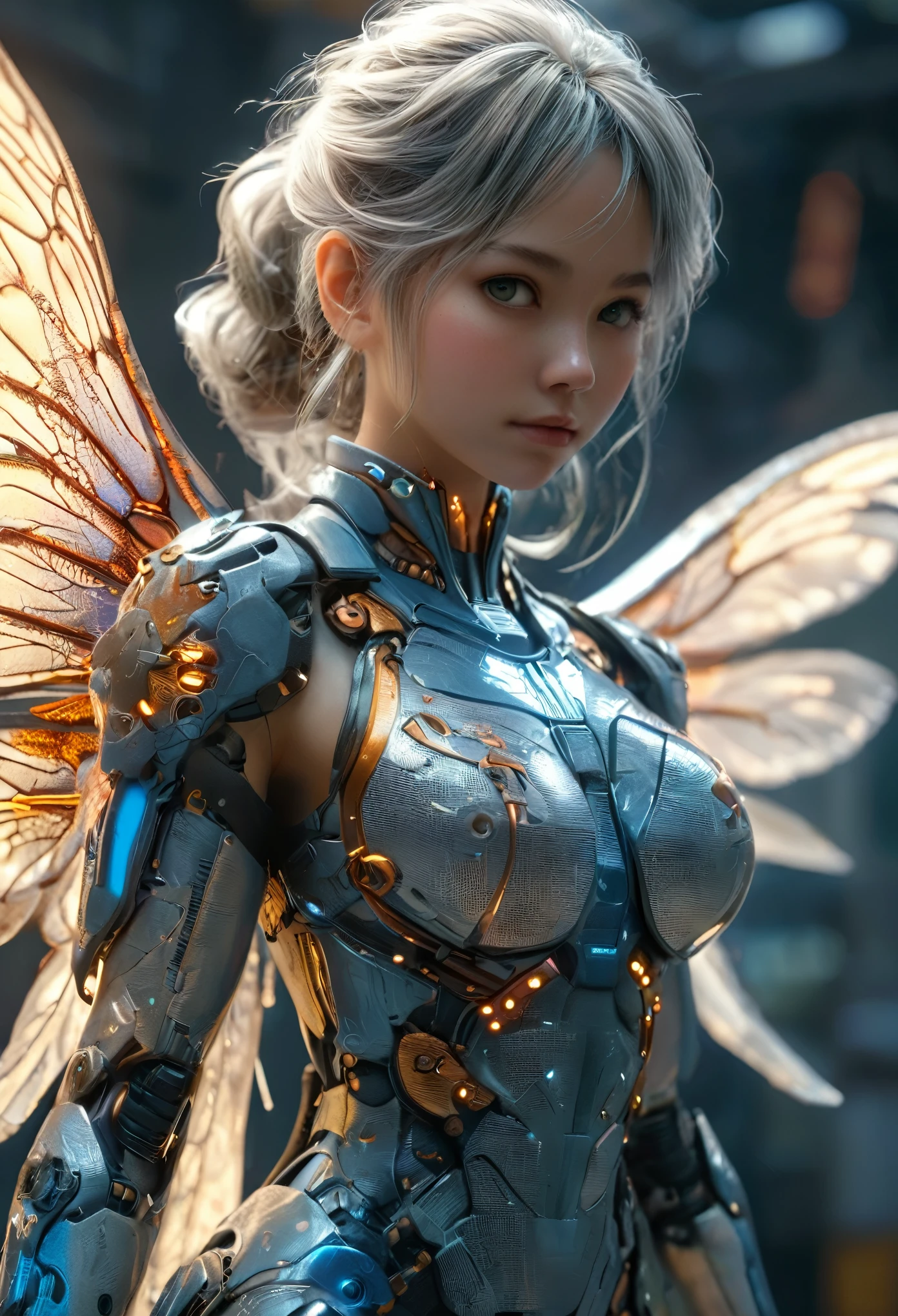 (top-quality:1.2, masterpiece), ultra high res,(Photorealsitic:1.4), (moth-like bio insect suit:1.2), heavy weapons,large wings, vivid textures,insect legs, gray  hair, glowy skin, japanese girl beautiful face,  ((super realistic intricate details)), full body shot, globalillumination, octan render, ultrasharp, character edge light, Details of complex ornaments, Acrylic Clear Cover, Hydraulic cylinder
