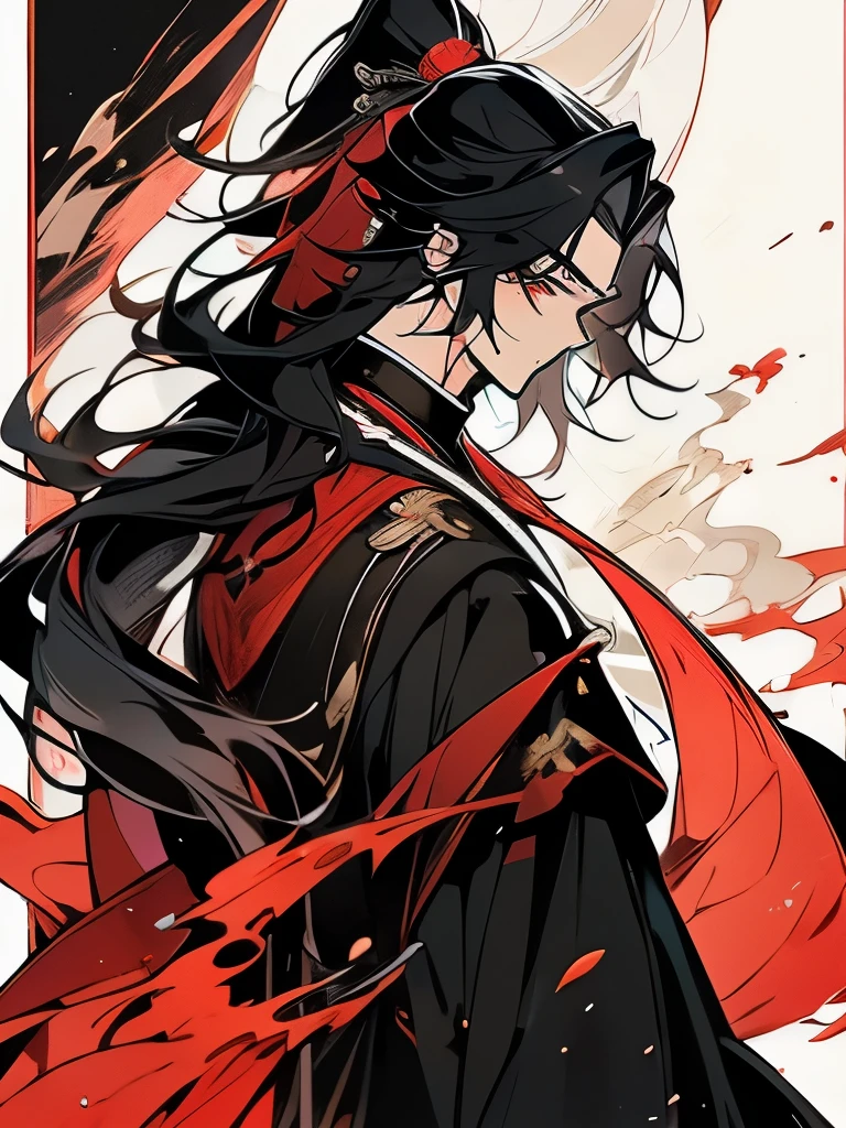 Adult man, serious, adult appearance, narrow red eyes, long black hair, tied in a ponytail, magic school teacher outfit, black snake around, ultra detailed