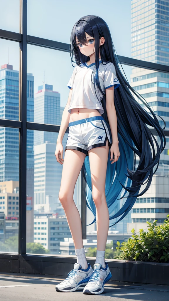 Blue long hair boy,flat chest,Extremely slim figure,White short-sleeved shirt,Bare waist,shorts,Thin legs,sock,sports shoes,City