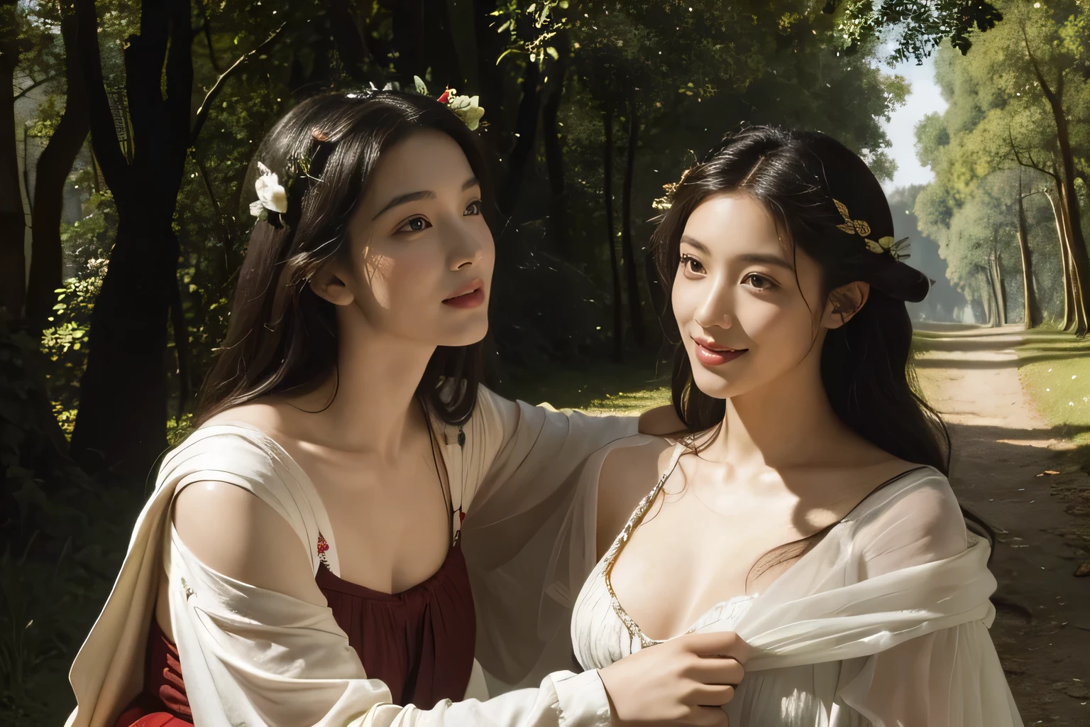 Giorgione painting style,Barbizon forest A beautiful woman in Greek dress smiles on the shore,Sweet and seductive appearance.、Caravaggio's paintings、Chiaroscuro of Caravaggio、hair tousled by the wind,Two women frolicking,cute smile, expression of ecstasy,Sexy,erotic, full body portrait